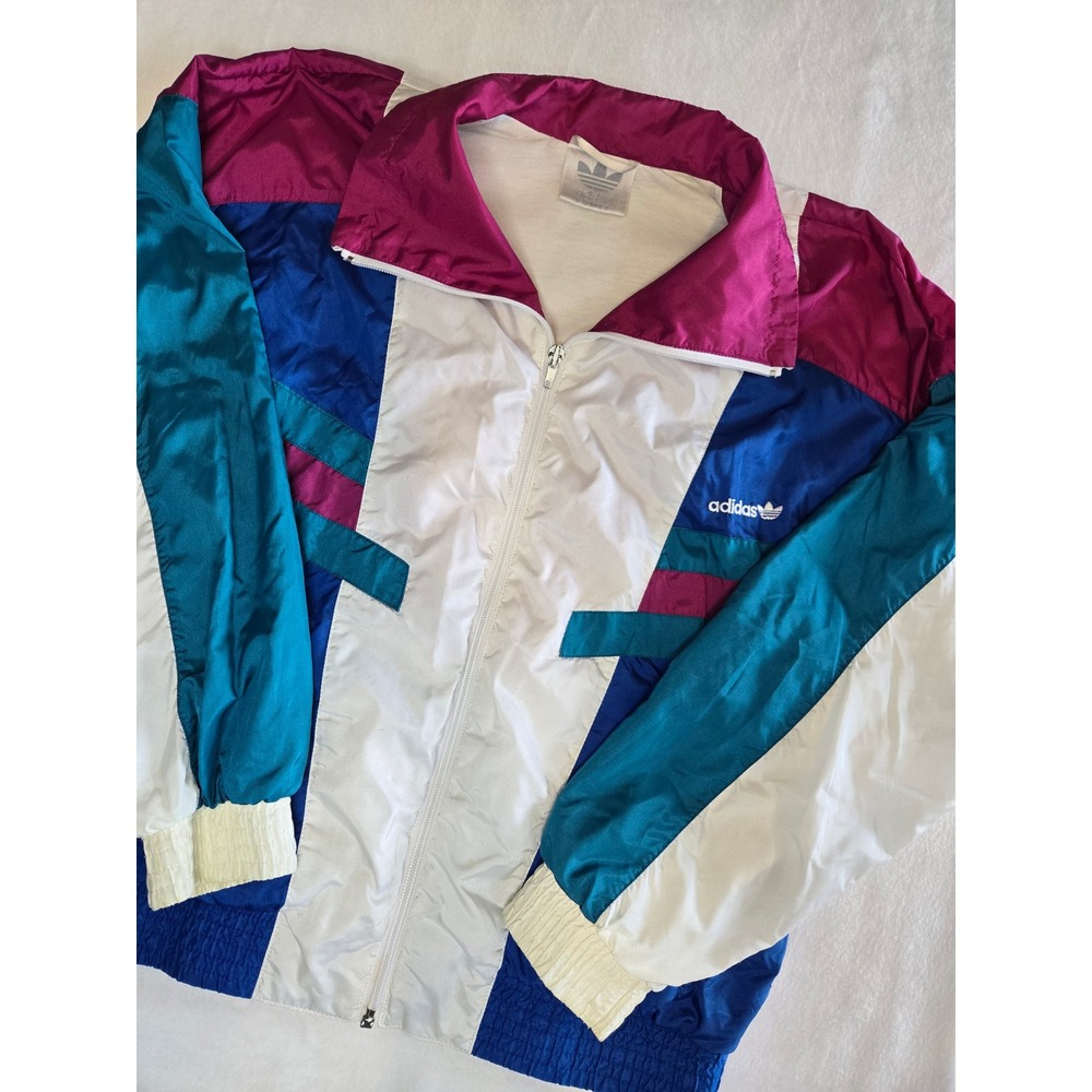 Vintage Adidas Colorblock Windbreaker Jacket Blue White Magenta Teal Medium